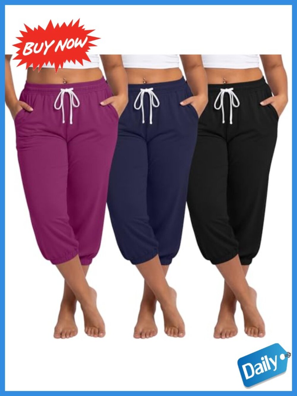 Plus Size Capri Sweatpants Joggers with Pockets 3 Pack